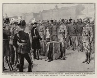 Le retour de la batterie Q RHA, Lord Roberts présentant une statuette en argent aux officiers